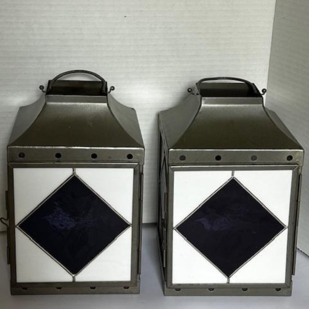 2 Marjolein Bastin Stained Glass Metal Lantern Candle Holder Cobalt Blue Floral